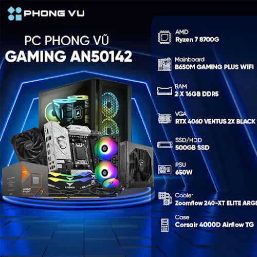 Máy tính để bàn/PC Phong Vũ Gaming AN50142(AMD Ryzen 7 8700G/2x16GB/500GB SSD/Nvidia GeForce RTX 4060/Free DOS)