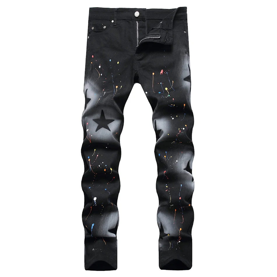 Męskie jeansy proste z ręcznie malowaną gwiazdą, casualowy, modny design, spray, świetny wygląd, idealne na co dzień i na luzie.