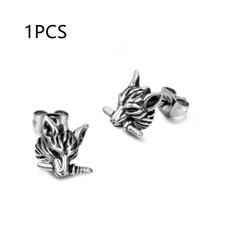 Brincos vintage de aço titânio com cabeça de lobo dominante, para homens e mulheres. Design ousado e durável, perfeitos para um visual impactante.