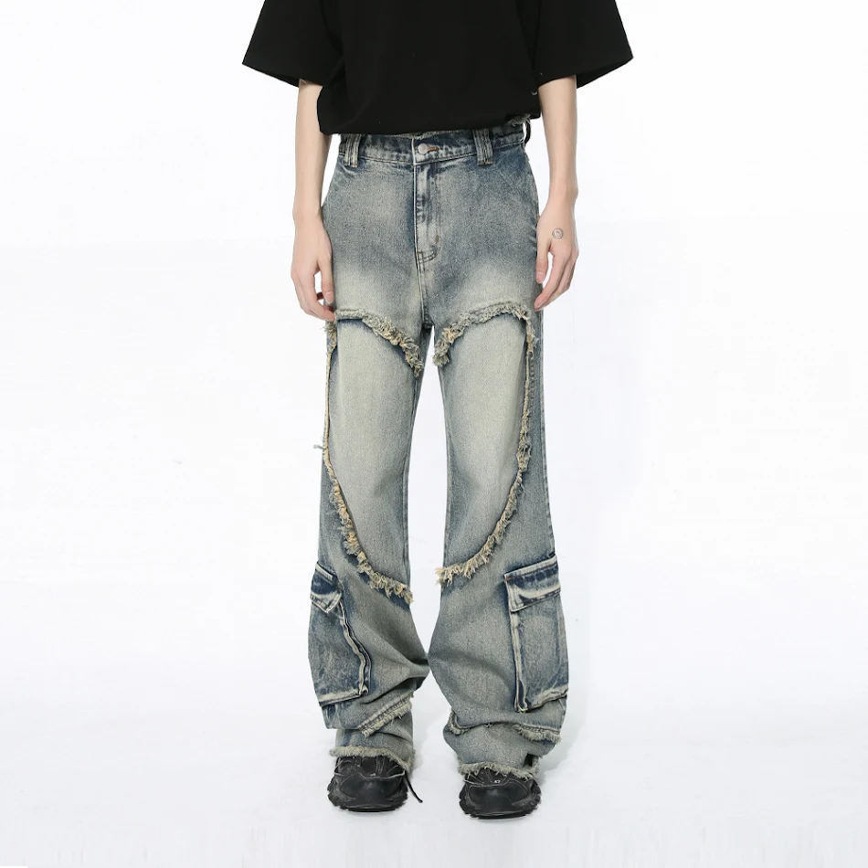 Jeans casual lavati Niche Deconstructs Heavy Industry Wear, comfort e resistenza per un look quotidiano, perfetti per l'uso intensivo e lo stile urbano.