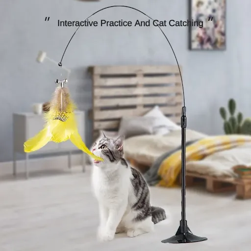 Feather Cat Toy Suction Cup Bite-resistant Cat Flirting Stick with Bell Funny Removable Interactive Boredom Relief Cat T