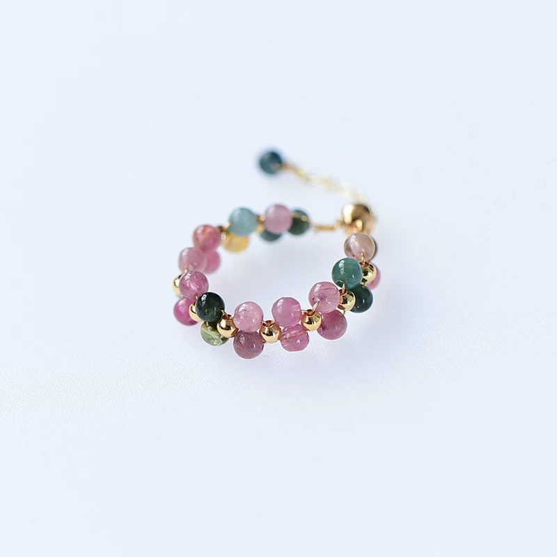 Anel Feminino de Turmalina Arco-Íris Natural, Pedra Bruta, Ouro 14K Banhado, Cor Melancia, Anel Outono Inverno.