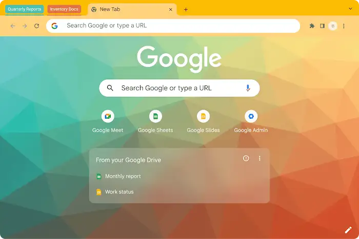 Google Chrome showing a new tab and a group of tabs in different colors.