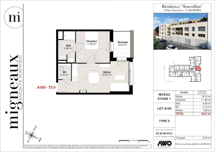 Vente appartement 2 pièces 41.19 m² à Reims (51100), 224 900 €