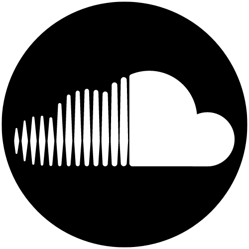 Black and white round soundcloud icon. Solid black circle with a white cloud shape in the centre that is half cloud half soundwave