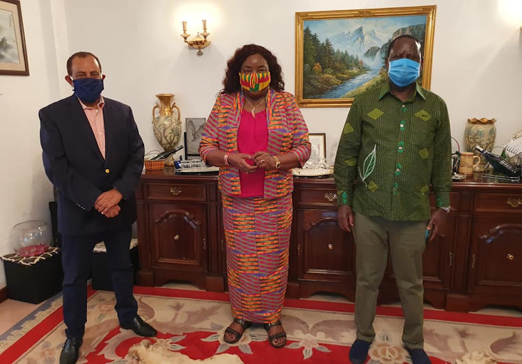 Suleiman Shahbal, Ida Odinga and Raila Odinga at the Odingas' Karen residence in Nairobi on April 17.