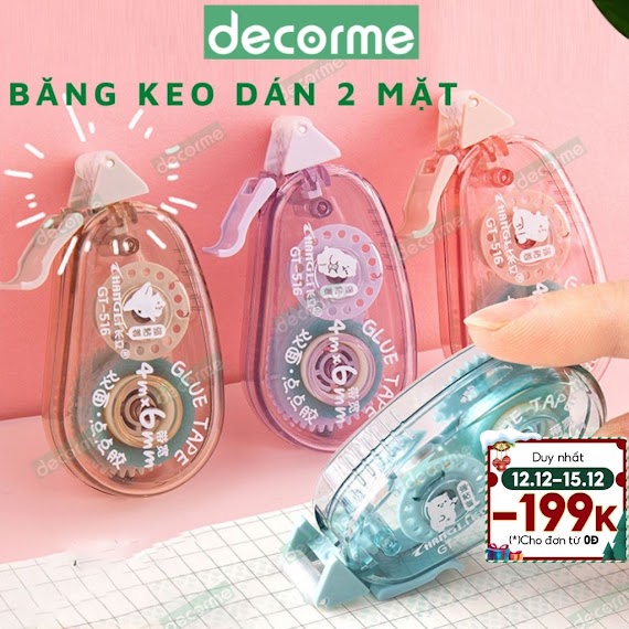 Băng Keo Dán 2 Mặt Decorme Băng Dán Dạng Bút Kéo Phong Cách Tối Giản Phụ Kiện Văn Phòng Phẩm Size 4M*6Mm