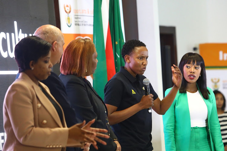 Banyana Banyana goalkeeper Andile Dlamini during a breakfast reception at Southern Sun Sandton for Banyana Banyana and the Spar Proteas netball team hosted by sports minister Zizi Kodwa on August 17 2023.