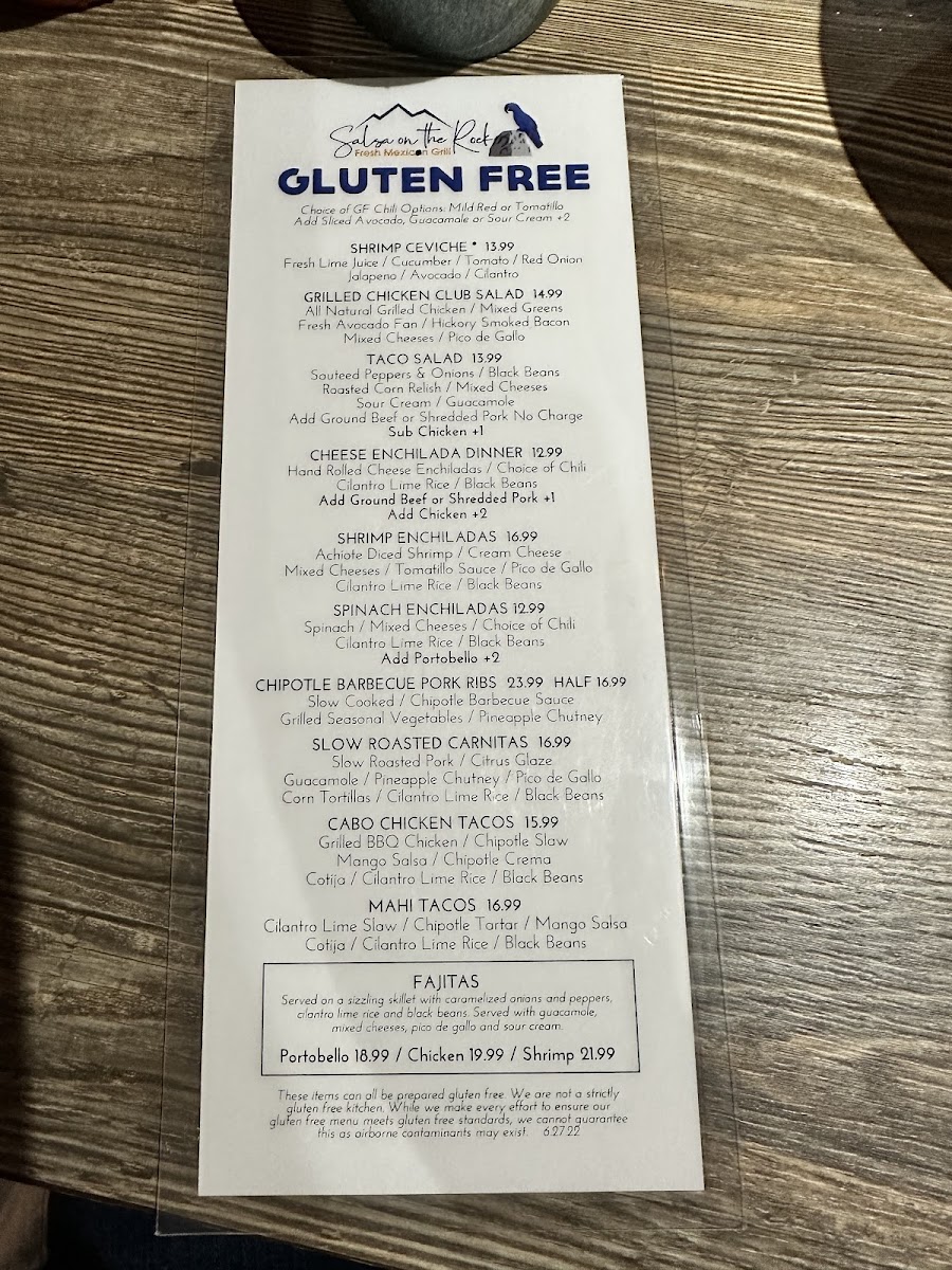 Salsa on the Rock Fresh Mexican Grill gluten-free menu