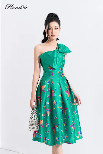 Đầm dạ hội nữ HeraDG thiết kế dáng xòe nơ ngực phối 1 màu, họa tiết hoa lan độc quyền, chất liệu tafta cao cấp WDPBB6068_HeraDG