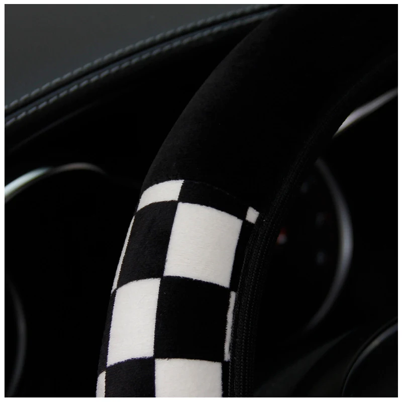 Black and White Plaid Plush Car Steering Wheel Cover Enhance your driving experience with added comfort and style Improv