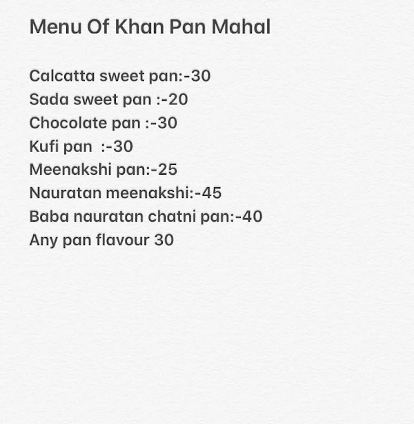 Khan Pan Mahal menu 