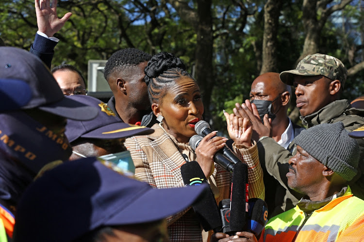 Residents of Soweto, led by Operation Dudula’s leader Nhlahla 'Lux' Dlamini, ask mayor Mpho Phalatse to address their service delivery challenges. Picture: THAPELO MOREBUDI/SUNDAY TIMES