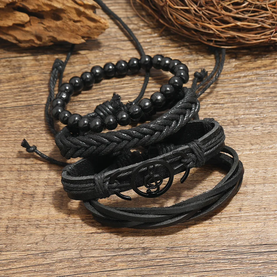 Ensemble de bracelets tressés pour hommes en cuir vintage en forme de note, un accessoire de mode parfait pour un look unique et stylé.
