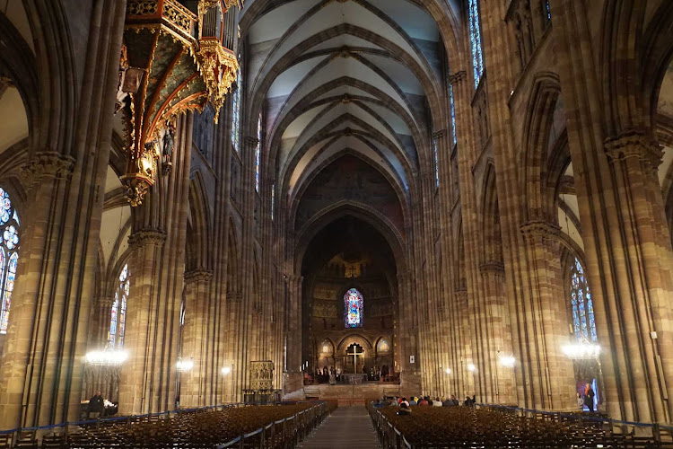 The interior of the Cathedral of Our Lady of Strasbourg in Strasbourg, France. 