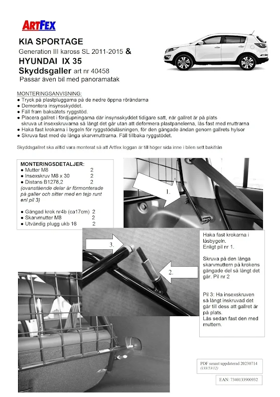 Artfex Hundgaller/Skyddsgaller Kia Sportage 2011- 2015