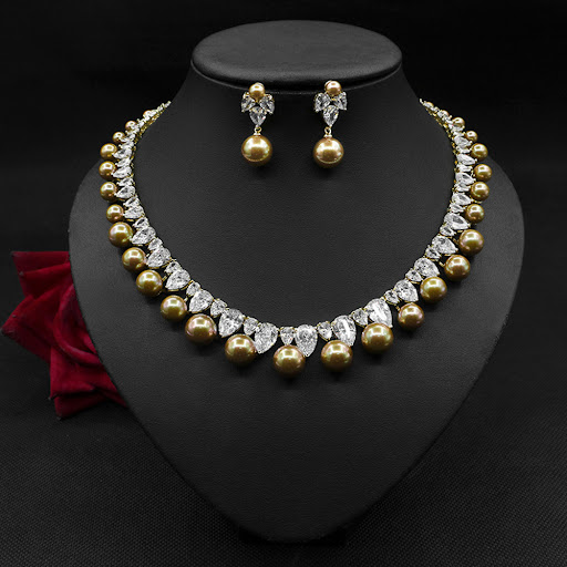 Title 4, Pearl Zircon Earrings Necklace Set Dinner Jewel...