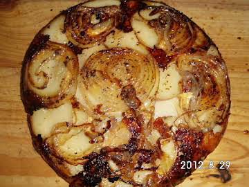 Potato, onion, cheddar upside down pie