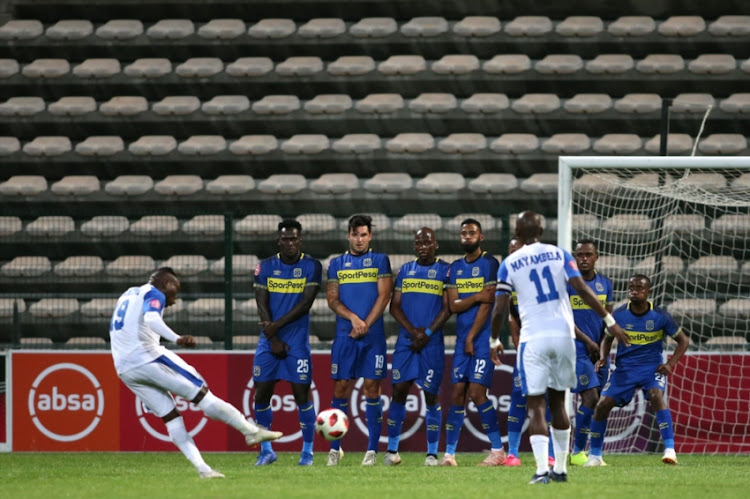 Cape Town City FC defensive wall look on as Rhulani Manzini of Chippa United takes a freekick during the Absa Premiership match between Cape Town City FC and Chippa United at Athlone Stadium on December 11, 2018 in Cape Town, South Africa.