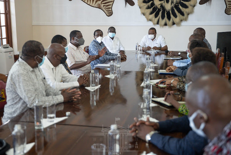 President Uhuru Kenyatta during a meeting with political party leaders at State House Mombasa on August 18, 2021.