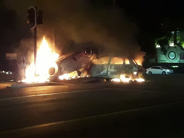 Two vehicles caught alight after a collision in Fourways, Gauteng, late on Saturday night.