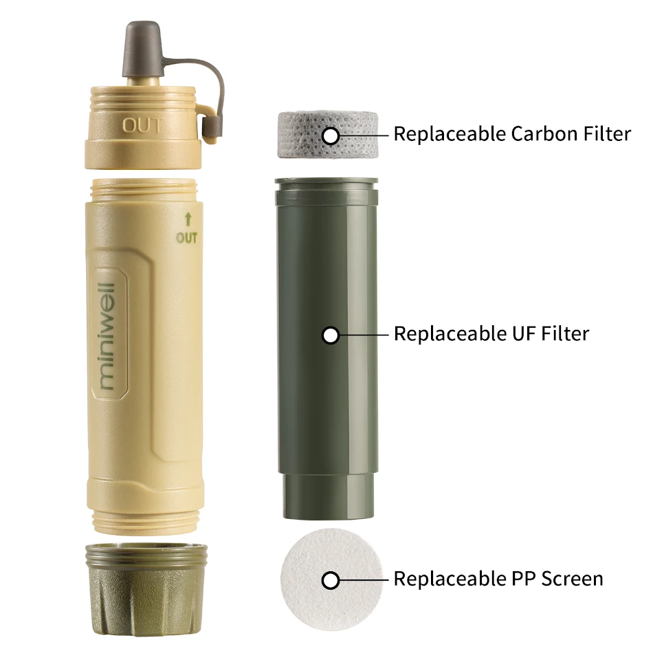 Filtro de água portátil de emergência para exteriores Purifica água de bactérias e sedimentos. Água limpa e segura para suas aventuras ao ar livre.