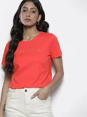 Women Coral Red Brand Logo Pure Cotton T-Shirt