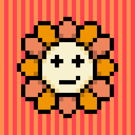 A pixelated red flower with eyes and a mouth looking like flowey from  undertale