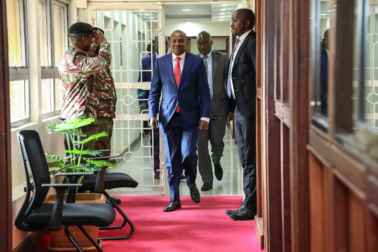 Interrior CS Kithure Kindiki walks into the offices of State Department for Immigration and Citizen Services at Nyayo House on Tuesday, April 30, 2024.