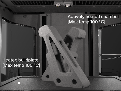 The UltiMaker Method XL 3D Printer has an actively heated chamber at 100C and buildplate that achieves max temperatures of 100C