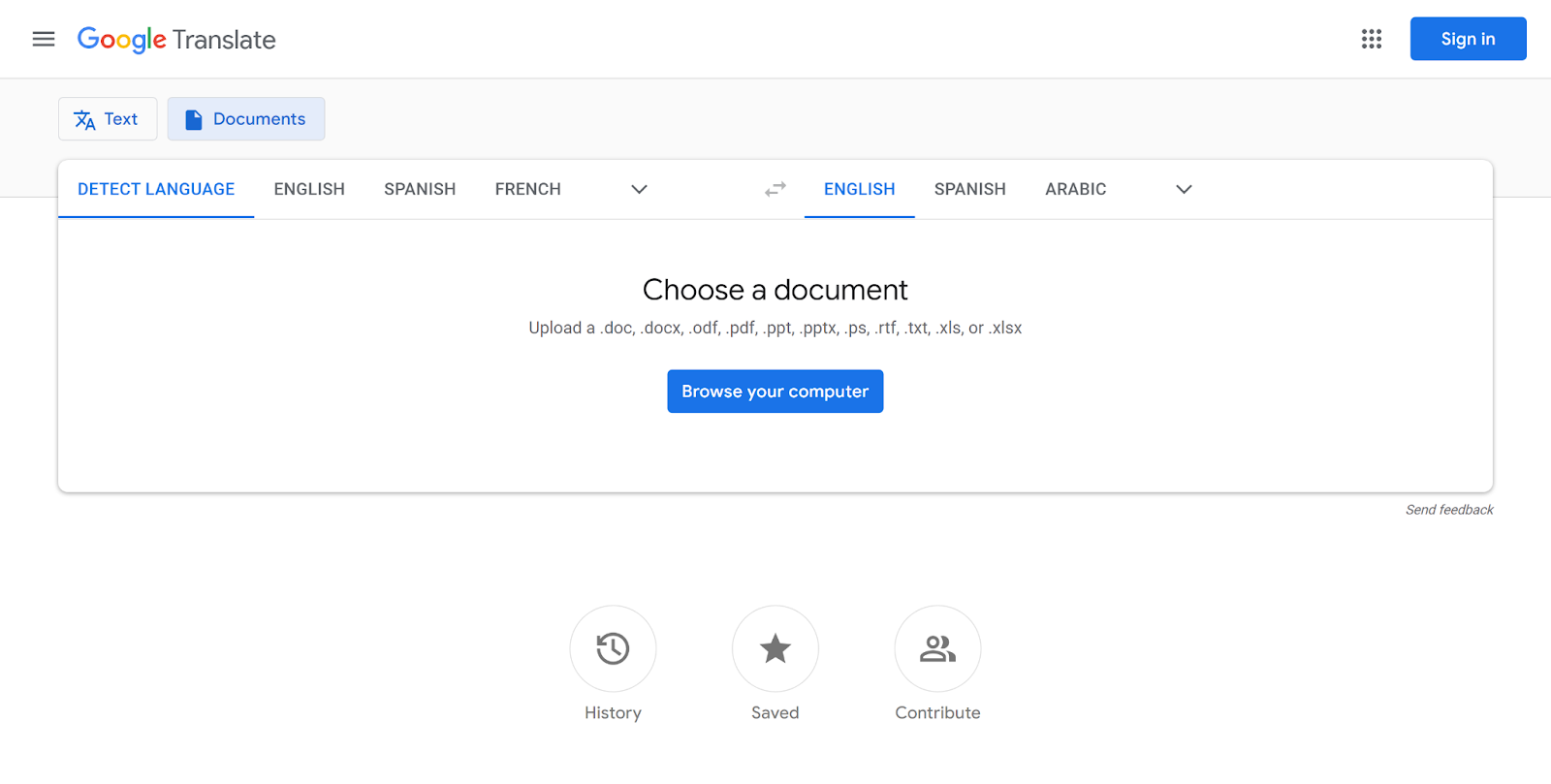 File upload option in Google Translate