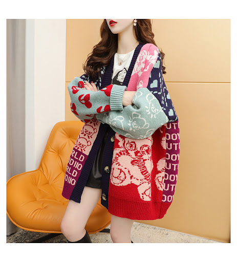 Title 4, Contrasting Color Cartoon Cardigan Womens Sweater