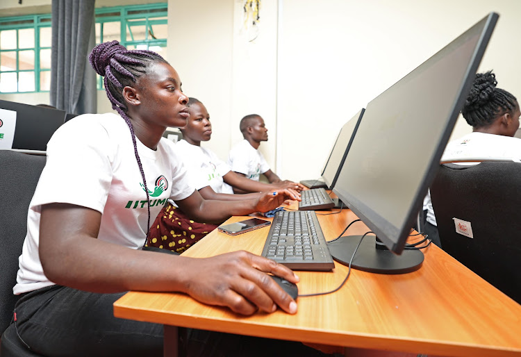 Students at URIRI Technical and Vocational College Konza Digital Skill Laboratory using Jitume desktops on October 8, 2023.