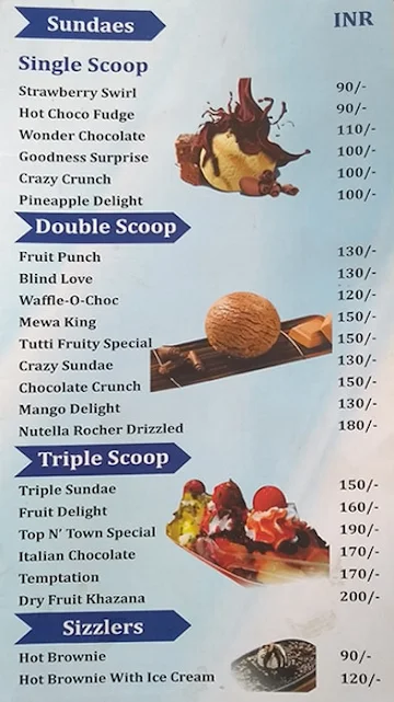 Top 'N Town Ice Cream menu 