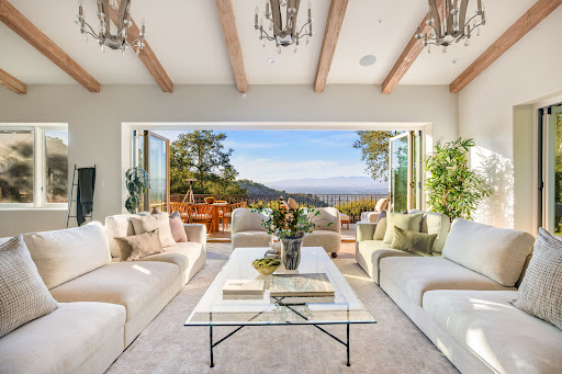 Bright living room with panoramic valley view in this luxury house for sale in Beverly Hills ($7,995,000)