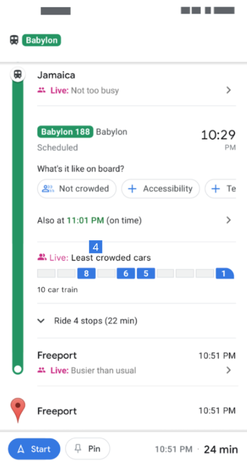 ジャマイカからフリーポートまでのルートの例を示す画像。ルートではライブデータを使用して、直近の電車で最も空いている車両が表示されます。
