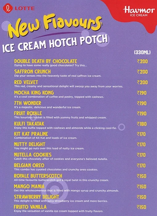 Havmor Ice Cream menu 