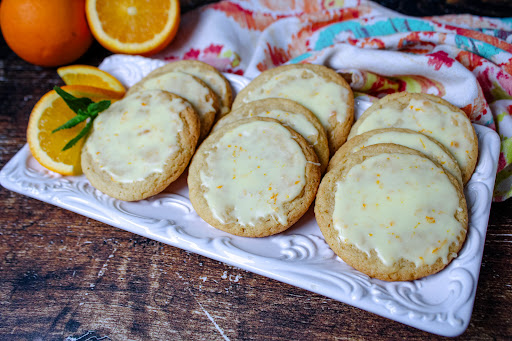 A platter of Aunt Bessie's Frosted Fresh Orange Cookies.