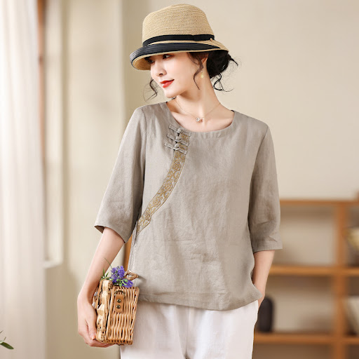 Title 7, Linen Embroidered Chinese Crew Neck Top Pullover