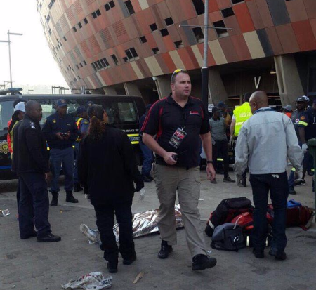 The scene outside FNB Stadium after the stampede that killed two people.