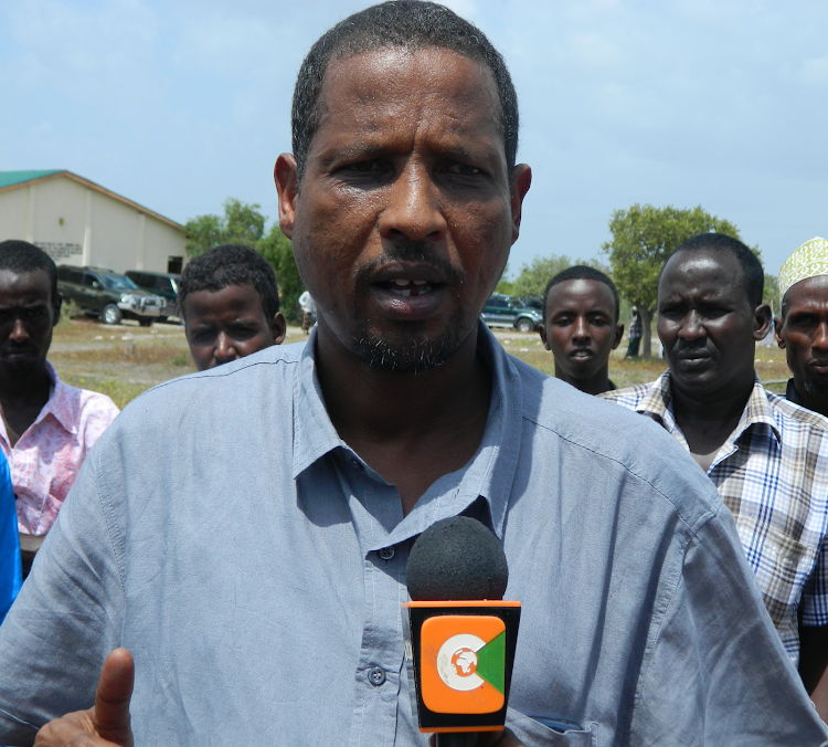 Former Ijara MP Ahmed Ibrahim Abass speaking to the press in Masalani town after launching his campaign manifesto on Monday, February 7.