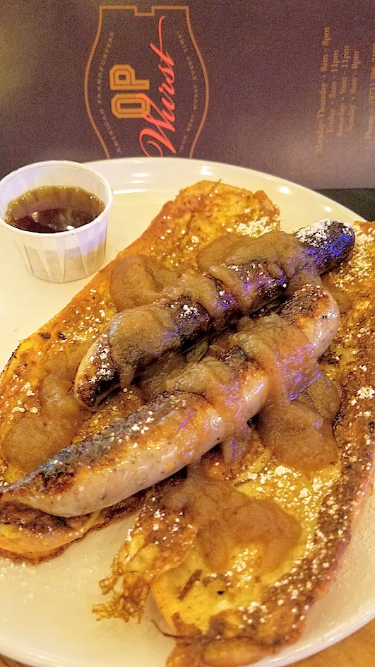 Brunch at Pine Street Market includes OP Wurst with their four breakfast hot dogs, such as this French Toast Dog with two breakfast sausages, French toast bun, apple butter