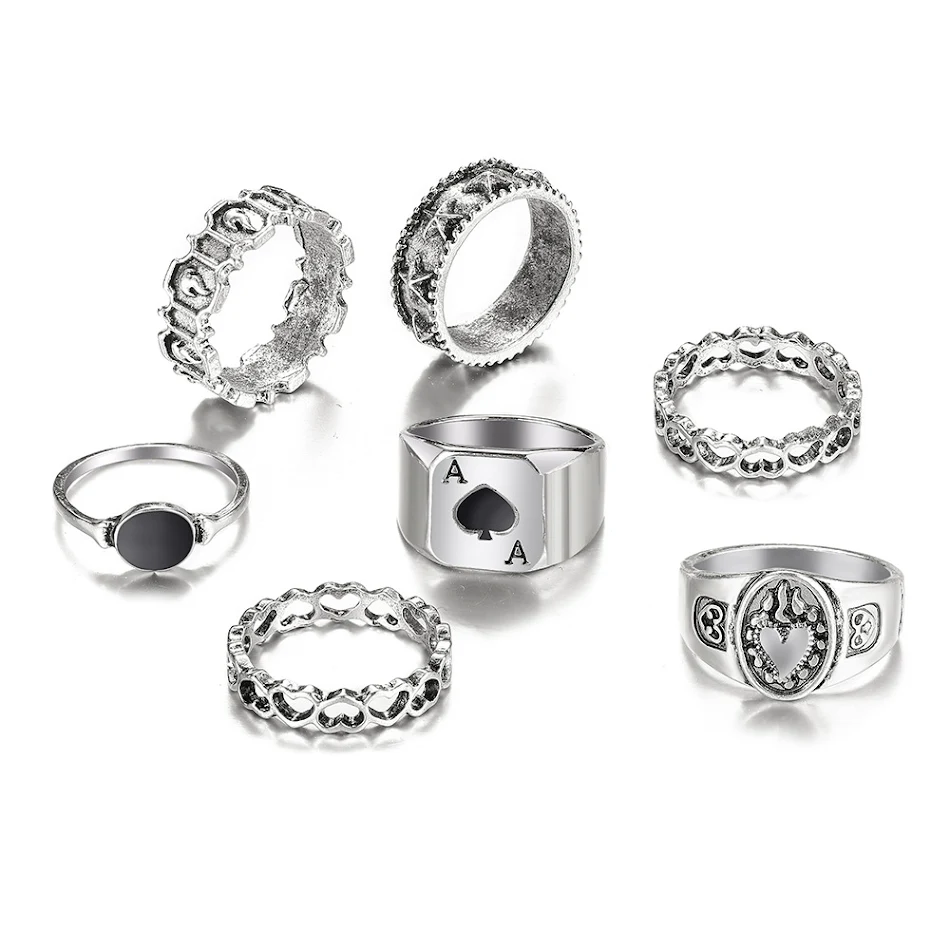 Elegante conjunto de anillos para mujer, 7 piezas, con diseño retro oscuro, espadas, corazones y amor. Joyería de moda creativa.