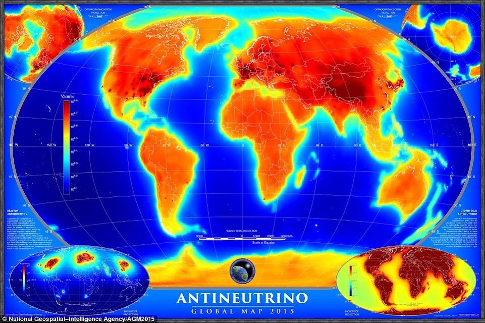 En la foto, el primer mapa global de flujo anti-neutrino, explica las fuentes naturales y artificiales de antineutrinos, con esta última toma de menos del 1 por ciento del flujo total. La imagen inferior izquierda muestra antineutrinos producidos por los reactores nucleares, mientras que la parte inferior de la imagen muestra las correctas 