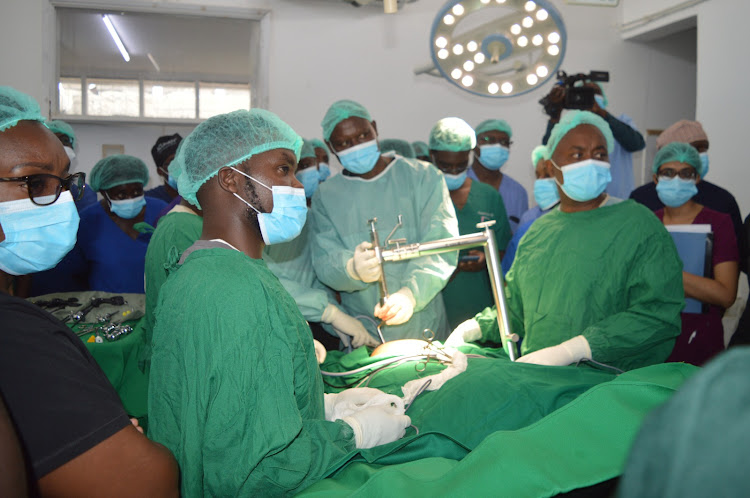 Medical practitioners at the Kiambu Level Five Hospital Theatre room during a medical camp to learn how to conduct laparoscopy.