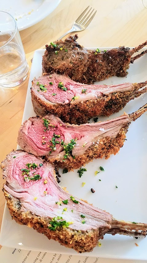 Meadlowlark Portland Dinner No #30 April 22, 2018 All the dinners of this pop up supper club for social justice always benefit a cause and the food and drink emphasize rustic, handcrafted cuisine and local ingredients. Main course of herb crusted lamb rib chops along with charred scallion salsa verde, and a salad of farro, salami, and asparagus