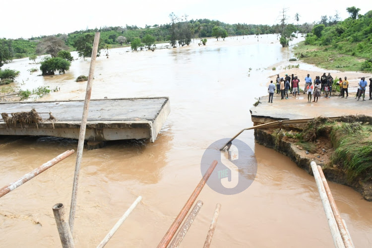 A section of Mombasa-Malindi highway at Mbogolo bridge that was washed away by floods on the morning of November 25, 2023.