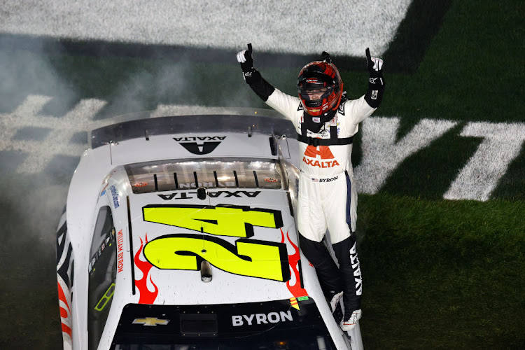 William Byron celebrates after winning the NASCAR Cup Series Daytona 500 at Daytona International Speedway on February 19, 2024 in Daytona Beach, Florida.