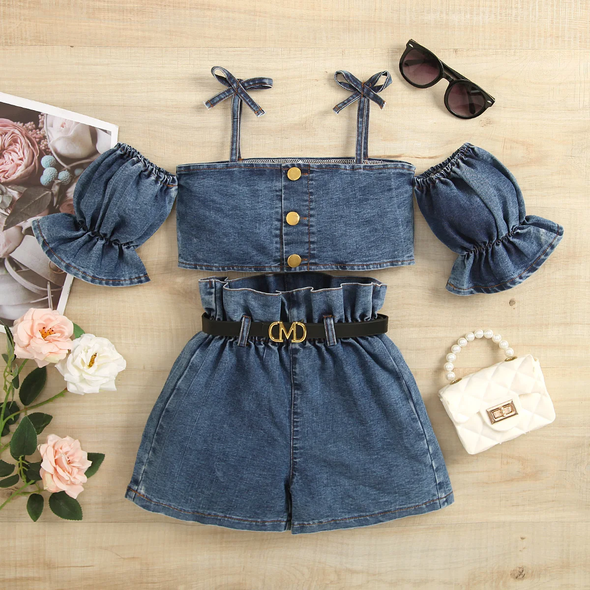Title 3, Mädchen Denim Top mit Trägern, laternenärmeln u...