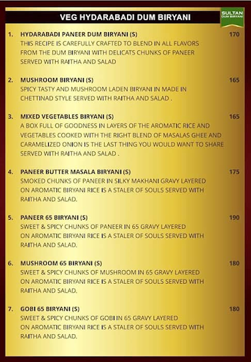 sultan dum briyani menu 